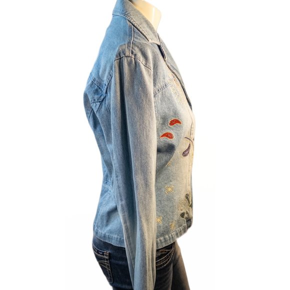Clio Womens Size 12 Denim Jacket Vintage Floral Embroidered Light Wash Retro - Picture 4 of 9
